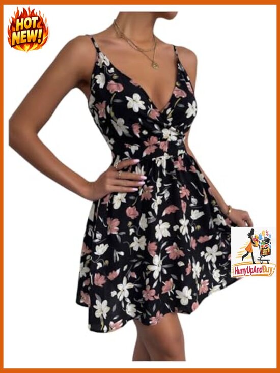 Ditsy Floral Print Flared V-Neck Cami Dress Summer Boho Chic Casual - Picture 6 of 6
